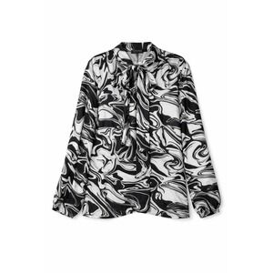 Eloquii Womens Plus Size 24 Black White Marble Swirl Tie Neck‎ Blouse Top